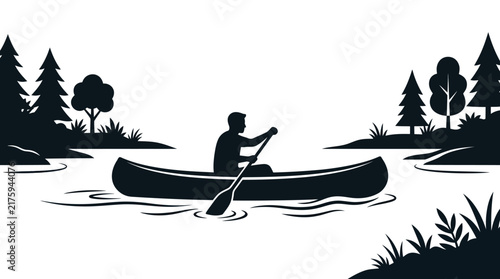 Silhouette of a man paddling a canoe on a calm lake, surrounded by trees.