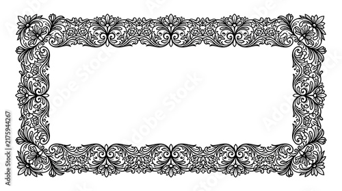 Ornate rectangular frame with intricate baroque scrollwork and floral patterns in black and white, suitable for decorative borders or vintage designs.