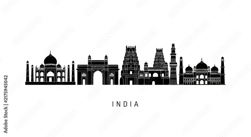 Obraz premium India Skyline Silhouette: Iconic Landmarks - Taj Mahal, Gateway of India, Temples