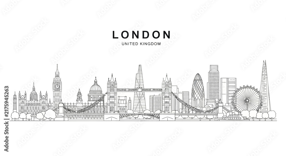 Fototapeta premium London Skyline Drawing - Iconic Landmarks of the United Kingdom's Capital City