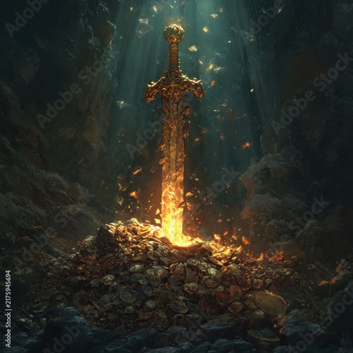 Glowing sword in cave