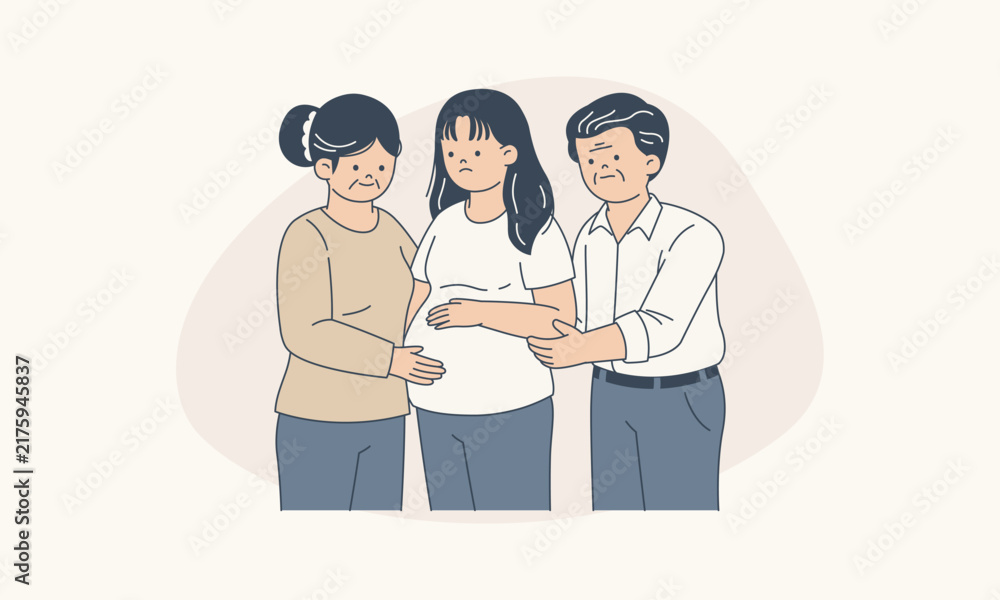 Fototapeta premium Family Embracing Distressed Pregnant Daughter Showing Unconditional Love and Acceptance Vector