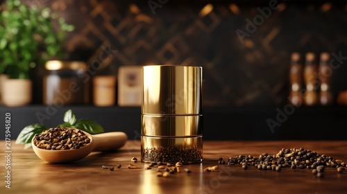 Golden beverage mixer on wooden bar