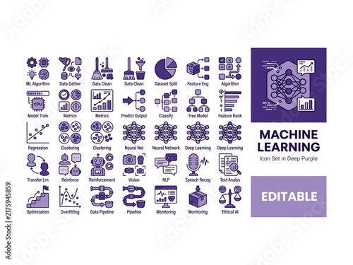 Set of machine learning and artificial intelligence purple line icons