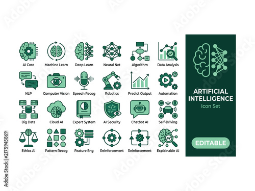 Set of green artificial intelligence and machine learning technology vector icons