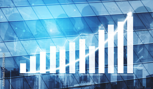 Fotografie Visual representation of business growth featuring a white bar graph against a blue cityscape background