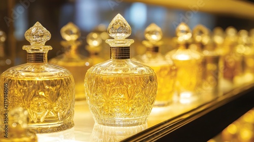 Golden perfume bottles display