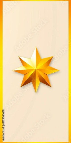 Golden geometric star on light background with border