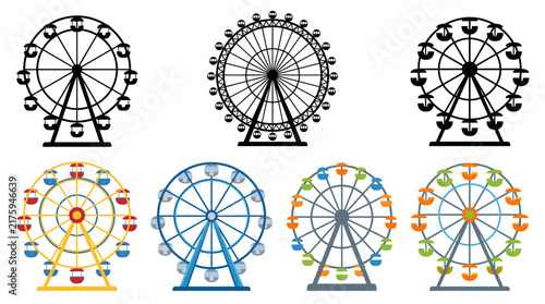 Collection of Ferris Wheel Vector Illustrations Featuring Classic, Giant, Observation, Vintage, Modern and Colorful Ferris Wheels Isolated on White Background
