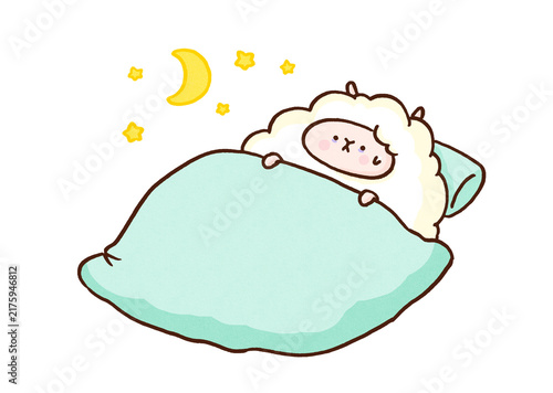 Fotografie Sheep having trouble falling asleep in bed, insomnia sleep disorder or restless