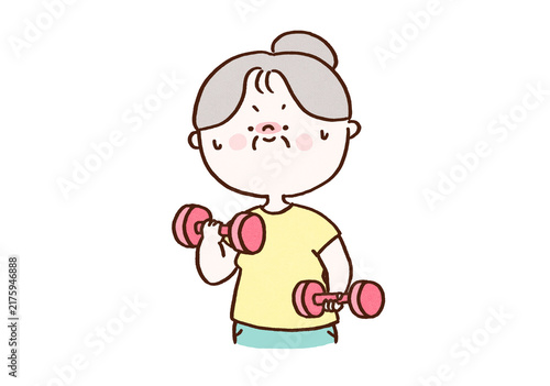 Foto Senior woman exercising hard with dumbbells, frailty prevention or healthy aging