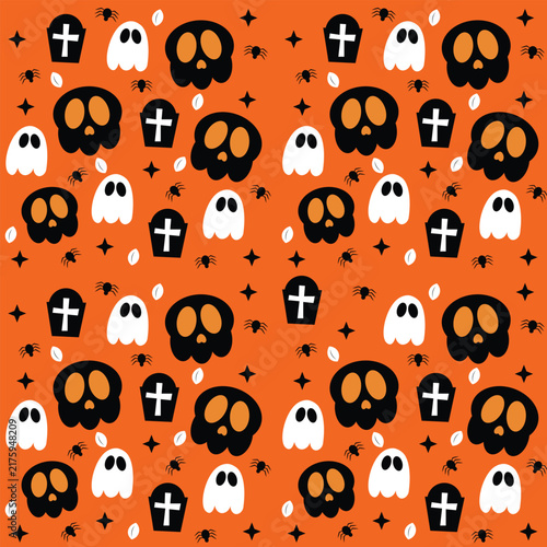 Seamless Halloween pattern with cute skulls, ghosts, gravestones, spiders, and stars on orange background. Ideal for gift wrapping paper, fabric print, wallpaper, packaging, and seasonal background de