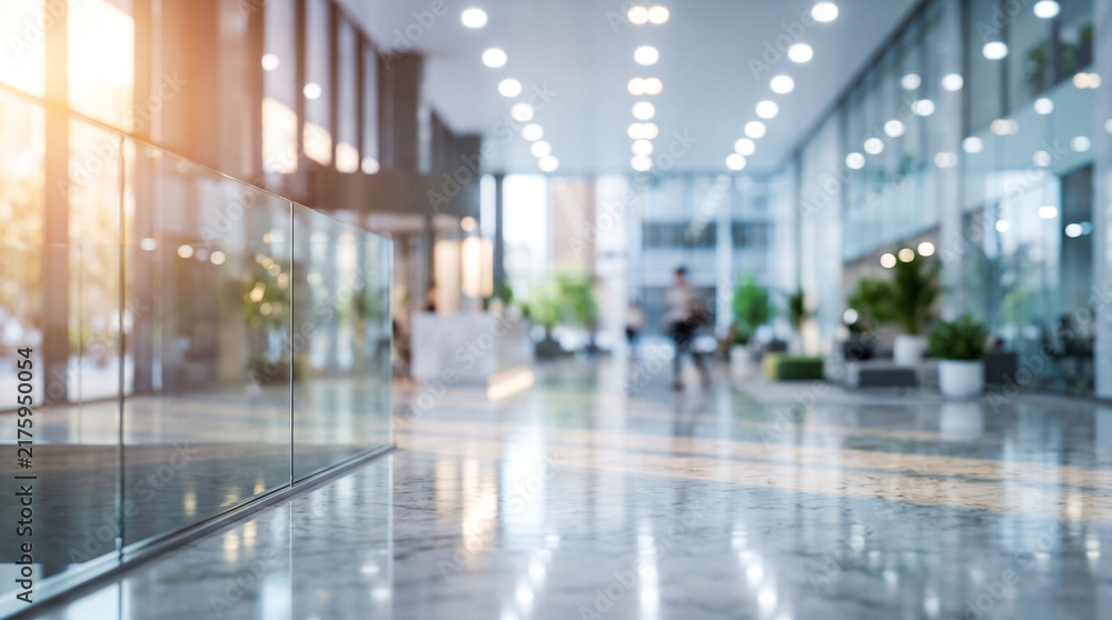Fototapeta premium Blurred modern office lobby interior with glass partitions and bright sunlight reflecting on polished marble floors for corporate business background