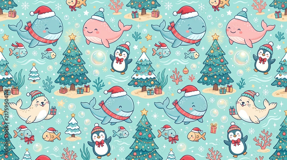 Naklejka premium Seamless Christmas ocean animal pattern with cute whales, seals, penguins, fish, coral, festive tree, gifts and Santa hats on blue background, playful nursery design