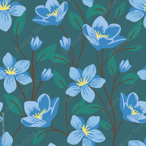 Blue Floral Seamless Pattern With Hand-Drawn Blossoms And Green Leaves For Spring Design