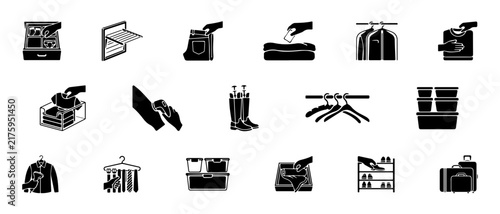 Clothes care and wardrobe organization vector icon set, garment storage and laundry care symbol.