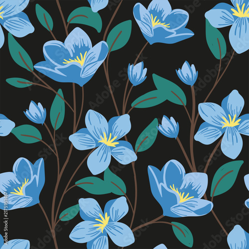 Blue Floral Seamless Pattern With Hand-Drawn Blossoms And Green Leaves For Spring Design