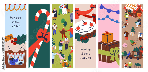 Christmas bookmarks set. Xmas and New Year book mark designs with tiny people...