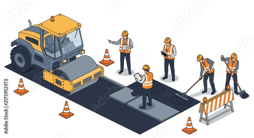 Road Construction Crew Working on Asphalt Pavement with Roller