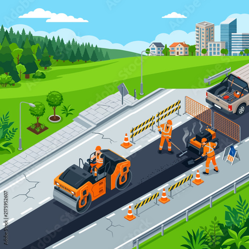 Road Construction Crew Works on Asphalt Paving with Steamroller and Tools