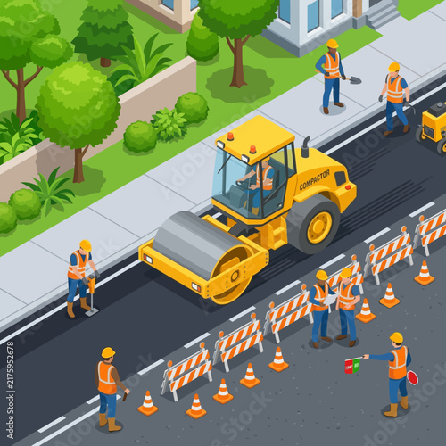 Road Construction Crew With Steamroller Repairing Asphalt Street Isometric View