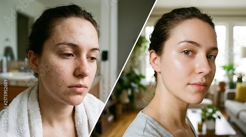 Woman showing skin transformation from acne to clear healthy glow