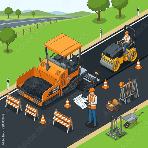 Road Construction Isometric: Asphalt Paver, Steamroller, Worker, Tools