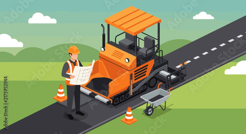 Road Construction Isometric Graphic: Worker, Paver, Blueprint, and Wheelbarrow