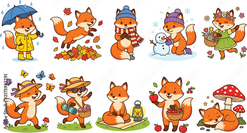 Obraz premium Cute Cartoon Fox Character Vector Set with Four Seasons Activities, Weather Themes, Holiday Outfits, and Forest Animals Elements for Kids Nursery and Children Graphic Designs