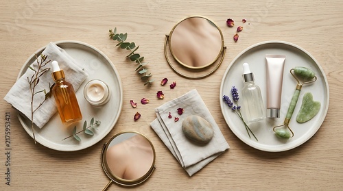 Natural skincare products and beauty tools on wooden background