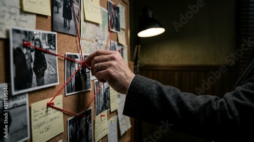 Detective pinning red string on evidence board to connect crime scene photos and case notes.