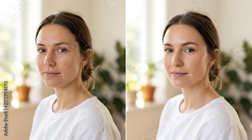 Woman face before and after skin treatment for acne and blemishes
