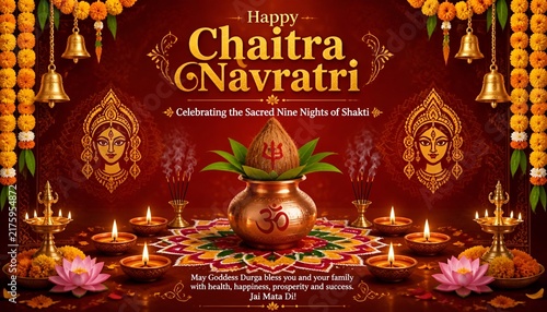 Happy chaitra navratri celebration with decorative items and floral arrangements on red background