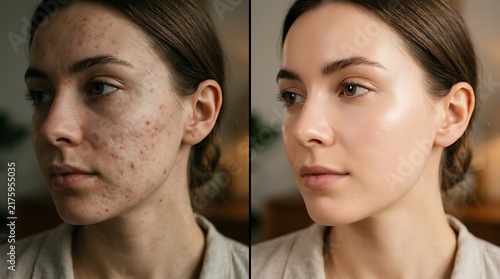Woman face comparison before and after acne skin treatment