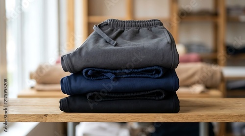 Stack of folded cotton sweatpants on wooden table in clothing store