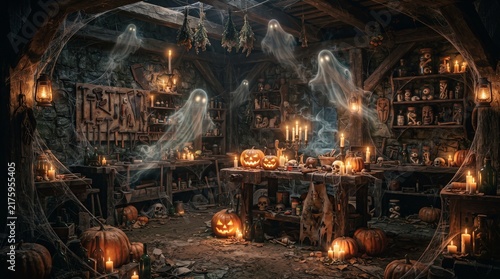 A Halloween workshop background with old tools, floating ghosts, spider webs, pumpkins, and warm candlelight, creepy abandoned feel, 8k.