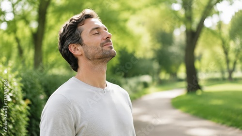 Man with closed eyes breathing deeply in a lush green park on a sunny day with a peaceful expression and soft bokeh background of trees and a winding path behind him