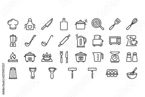 Kitchen, cooking line icons set
