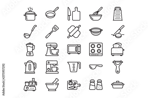 Kitchen, cooking line icons set