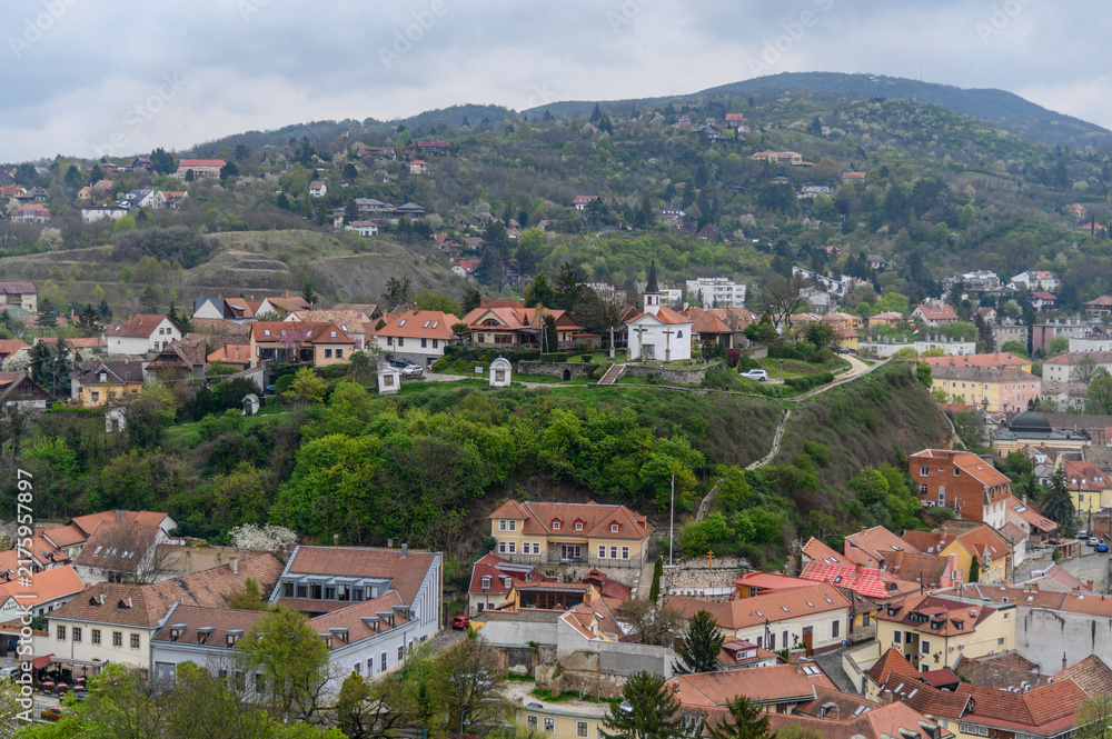 Obraz premium Calvary chapel on Saint Thomas Hill and hillside houses of Esztergom from above, Hungary