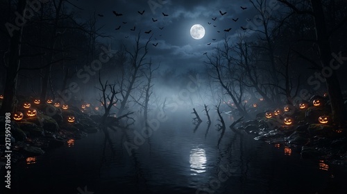 A spooky river background with misty water surface, dead trees emerging, glowing pumpkins on banks, bat silhouettes, and moon reflection, serene yet eerie, 8k.