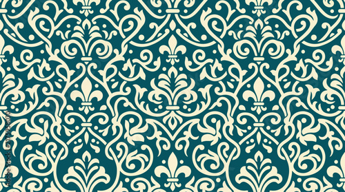 Ornamental Blue Gold Victorian Background Featuring Classic Decorative Damask Vector Style