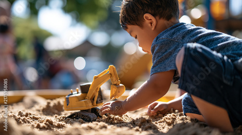 Rear view of an Asian boy playing with a toy sand excavator in a bright outdoor playground sandbox active childhood recreation and learning faceless composition Asian boy toy excavator