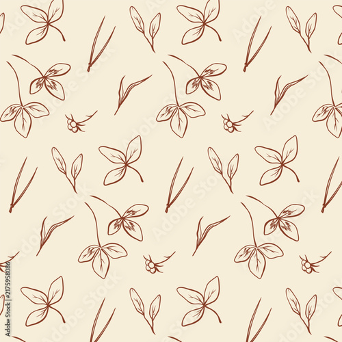 Monochromatic forest-inspired seamless pattern featuring delicate sketches of various leaves, grasses, small flowers and berries in a dynamic arrangement. Vector illustration