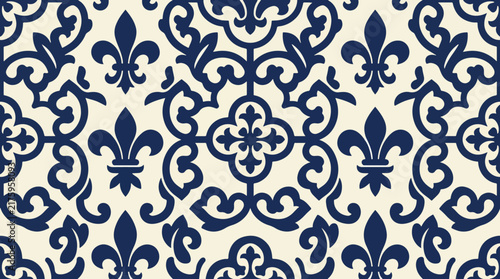 Royal Blue Victorian Damask Vector Pattern with Golden Decorative Flourishes Background