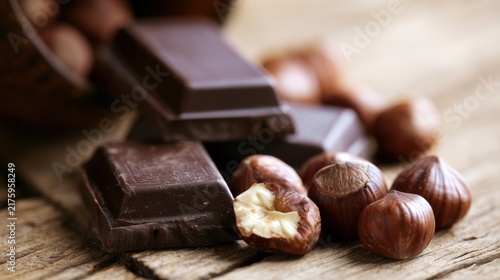 Chocolate and hazelnuts placed on a wooden surface with a rustic background