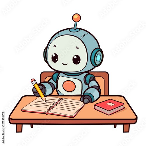 Cute robot assistant sits at a desk writing with a pencil in a notebook, symbolizing homework help. Smart helper technology, educational support, school studying, and learning process.