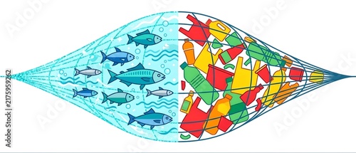 Ocean Pollution Concept: Fish Trapped in a Fishing Net Alongside Plastic Waste — a Powerful Illustration Highlighting Marine Life Endangered by Plastic Debris: on the Left Side of the Net, Schools of 