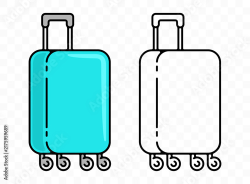 High-quality stylized vector graphic of a rolling travel suitcase. Modern luggage item with wheels and extended handle, designed for vacation, business trip, and global tourism themes.