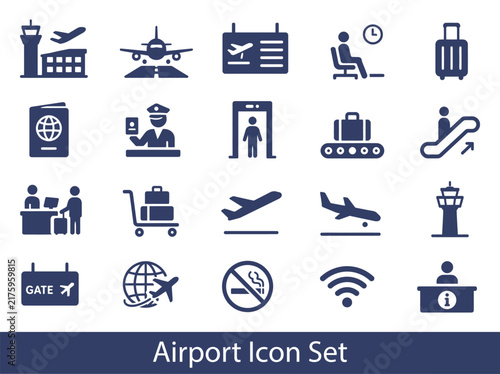 Airport Web Icon Set in Silhouette Style. Collection of flight icons, including plane, airplane, flight, airline, boarding pass, tickets, baggage, seat, aerodrome, traveler and more. 